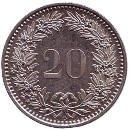 Монета 20 раппенов. 2012 год, Швейцария.