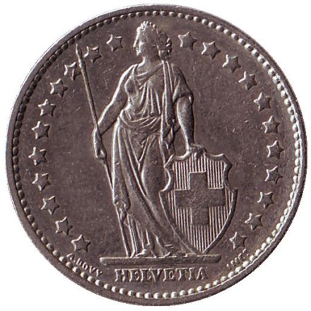 Монета 1 франк. 1976 год, Швейцария. Гельвеция. Монета 1 франк. 1976 год, Швейцария. Гельвеция.