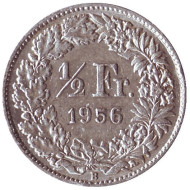 Монета 1/2 франка. 1956 год, Швейцария. Монета 1/2 франка. 1956 год, Швейцария.