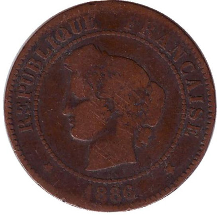 Монета 5 сантимов. 1886 год, Франция.