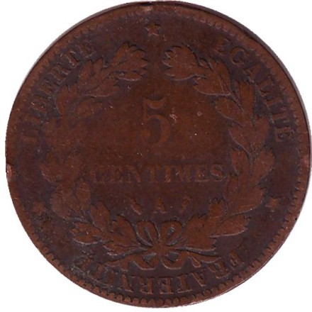 Монета 5 сантимов. 1886 год, Франция.