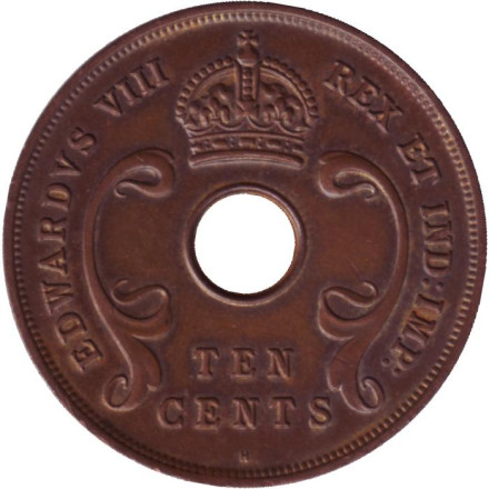 Монета 10 центов, 1936 год, Восточная Африка. Король Эдуард VIII. (Отметка монетного двора: "H").