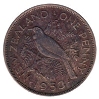 Новозеландский туи. Монета 1 пенни. 1953 год, Новая Зеландия. 