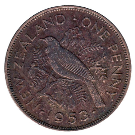 Монета 1 пенни. 1953 год, Новая Зеландия. Новозеландский туи.