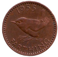 Монета 1 фартинг. 1955 год, Великобритания. Крапивник (птица).