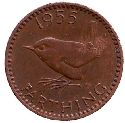 Монета 1 фартинг. 1955 год, Великобритания. Крапивник (птица).