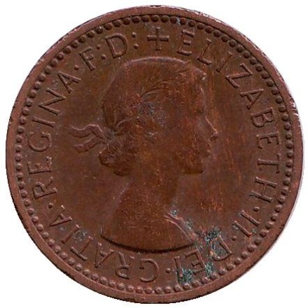 Монета 1 фартинг. 1955 год, Великобритания. Крапивник (птица).