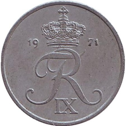 Монета 2 эре. 1971 год, Дания. Монета 2 эре. 1971 год, Дания.