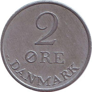 Монета 2 эре. 1971 год, Дания. Монета 2 эре. 1971 год, Дания.