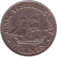 Монета 5 центов. 1859 год, Датская Вест-Индия. Монета 5 центов. 1859 год, Датская Вест-Индия.