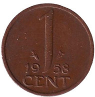 Монета 1 цент. 1958 год, Нидерланды. Монета 1 цент. 1958 год, Нидерланды.