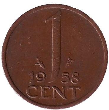 Монета 1 цент. 1958 год, Нидерланды.