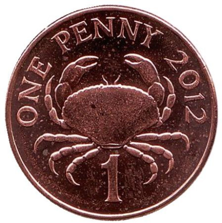 Монета 1 пенни, 2012 год, Гернси. UNC. Краб.