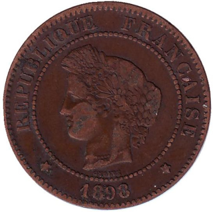 Монета 5 сантимов. 1898 год, Франция. Старый тип.