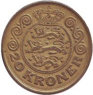 Монета 20 крон. 1994 год, Дания. Монета 20 крон. 1994 год, Дания.