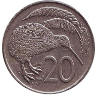 Монета 20 центов. 1978 год, Новая Зеландия. Киви (птица). Монета 20 центов. 1978 год, Новая Зеландия. Киви (птица).