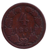 Монета 4 крейцера. 1861 год, Австрийская империя. Отметка монетного двора "A". Монета 4 крейцера. 1861 год, Австрийская империя. Отметка монетного двора "A".