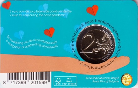 Монета 2 евро. 2022 год, Бельгия. (Надпись: Belgique). Спасибо медицинским работникам. Борьба с пандемией COVID-19.