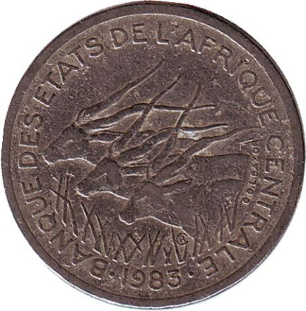 Монета 50 франков. 1983 год (B), Центральные Африканские штаты. Африканские антилопы. (Западные канны).