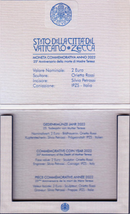 Монета 2 евро. 2022 год, Ватикан. 25 лет со дня смерти Матери Терезы.