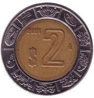Монета 2 песо. 2001 год, Мексика. Монета 2 песо. 2001 год, Мексика.