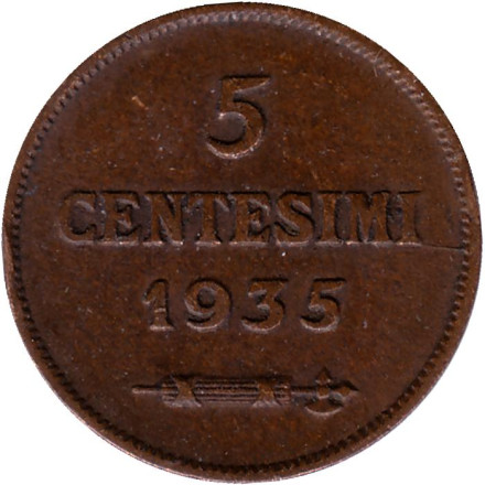 Монета 5 чентезимо. 1935 год, Сан-Марино.