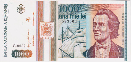 Банкнота 1000 лей. 1993 год, Румыния. Михай Эминеску.