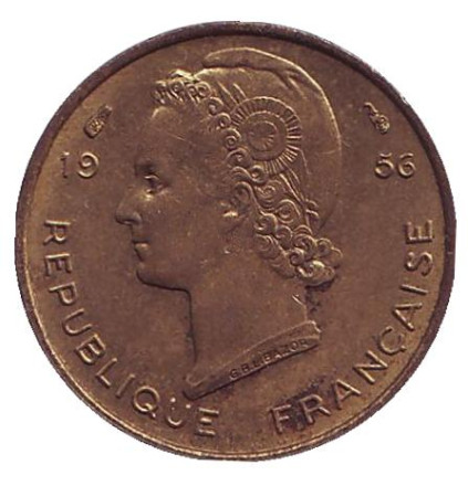 Монета 5 франков. 1956 год, Французская Западная Африка. Из обращения. Газель.