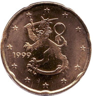 Монета 20 центов. 1999 год, Финляндия. Монета 20 центов. 1999 год, Финляндия.