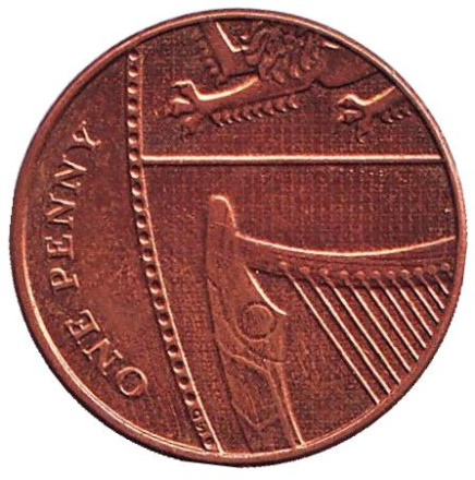 Монета 1 пенни. 2015 год, Великобритания. Из обращения. Новый тип.