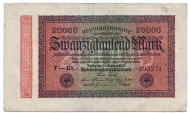 Рейхсбанкнота 20000 марок. 1923 год, Веймарская республика. (Водяной знак - круги). Рейхсбанкнота 20000 марок. 1923 год, Веймарская республика. (Водяной знак - круги).