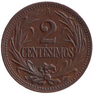 Монета 2 сентесимо. 1943 год, Уругвай. Монета 2 сентесимо. 1943 год, Уругвай.