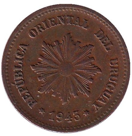 Монета 2 сентесимо. 1943 год, Уругвай.