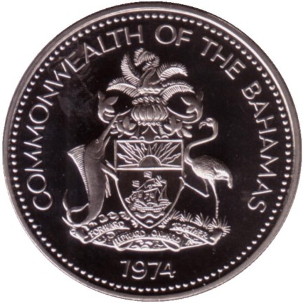 Монета 25 центов. 1974 год, Багамские острова. Proof. Парусник.
