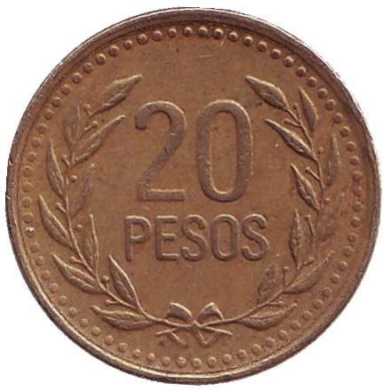 Монета 20 песо. 1994 год, Колумбия.