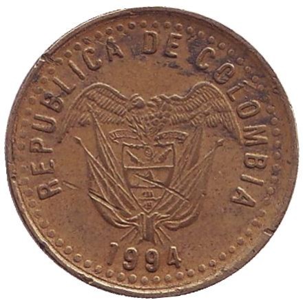 Монета 20 песо. 1994 год, Колумбия. Монета 20 песо. 1994 год, Колумбия.