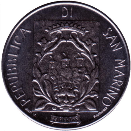 Монета 100 лир. 1988 год, Сан-Марино. Фортификация. Ворота дель Локо.