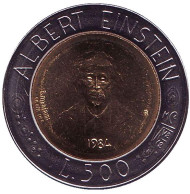 Монета 500 лир. 1984 год, Сан-Марино. Альберт Эйнштейн. Монета 500 лир. 1984 год, Сан-Марино. Альберт Эйнштейн.