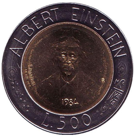 Монета 500 лир. 1984 год, Сан-Марино. Альберт Эйнштейн.