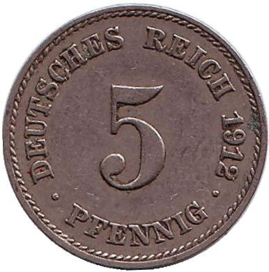 Монета 5 пфеннигов. 1912 год (J), Германская империя.