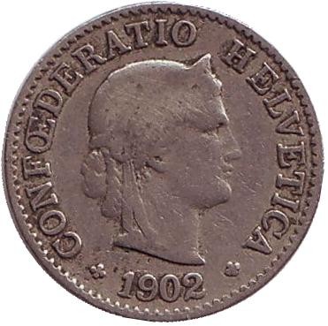 Монета 5 раппенов. 1902 год, Швейцария. Монета 5 раппенов. 1902 год, Швейцария.