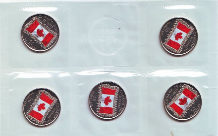 50 лет флагу Канады. Цветные. Банковский набор из 5 монет в запайке. 25 центов. 2015 год, Канада.
