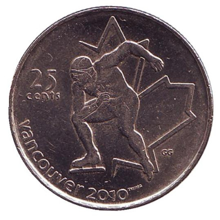 Монета 25 центов. 2009 год, Канада. Из обращения. Ванкувер 2010 - Конькобежный спорт.