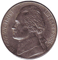 Монета 5 центов. 2001 год (P), США. Джефферсон. Монтичелло. Монета 5 центов. 2001 год (P), США. Джефферсон. Монтичелло.