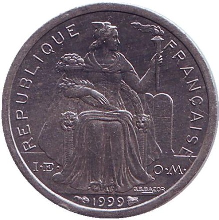 Монета 1 франк. 1999 год, Французская Полинезия. UNC. Монета 1 франк. 1999 год, Французская Полинезия. UNC.