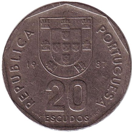 Монета 20 эскудо. 1987 год, Португалия. Роза ветров.