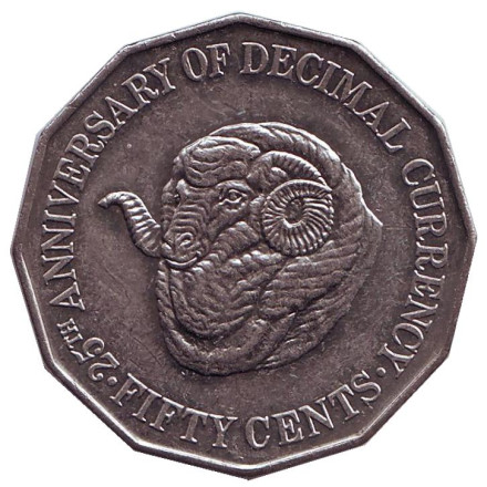 Монета 50 центов. 1991 год, Австралия. 25 лет с момента перехода на десятичную систему национальной валюты. Баран.