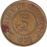 Монета 5 центов. 1986 год, Гайана. Лотос. Монета 5 центов. 1986 год, Гайана. Лотос.