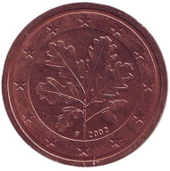 Монета 2 цента. 2002 год (F), Германия. Монета 2 цента. 2002 год (F), Германия.