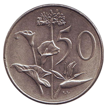 Монета 50 центов. 1977 год, ЮАР. Цветы.